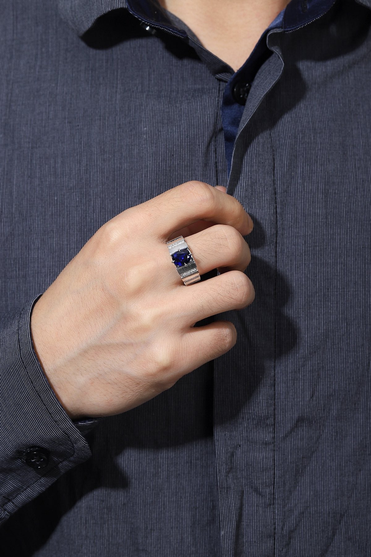 Sterling Silver Lab - Grown Sapphire Men's Ring A – JSABR023Y