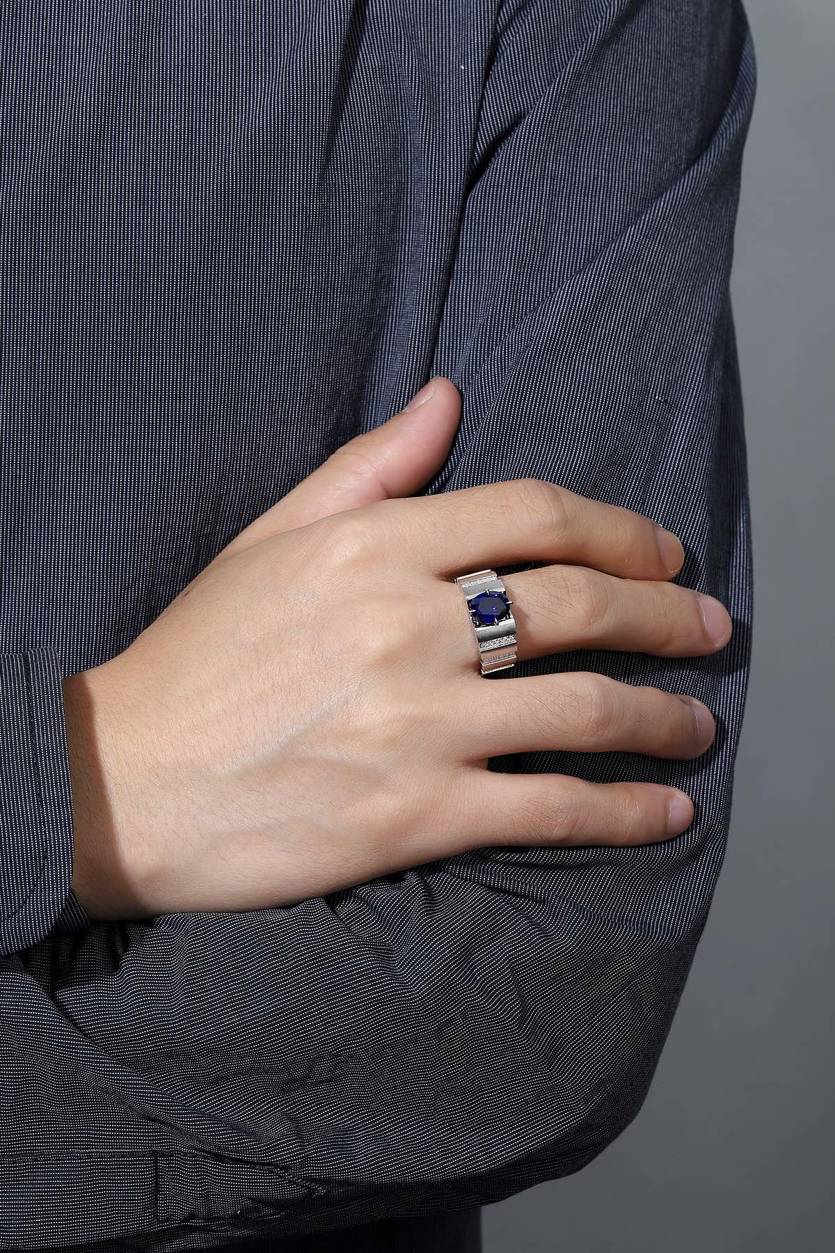 Sterling Silver Lab - Grown Sapphire Men's Ring A – JSABR023Y