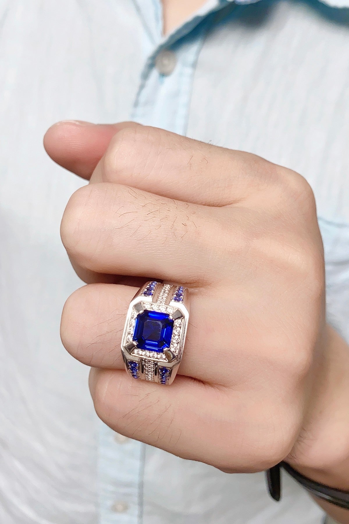 Sterling Silver Lab - Grown Sapphire Men's Ring A – JSABR937Y