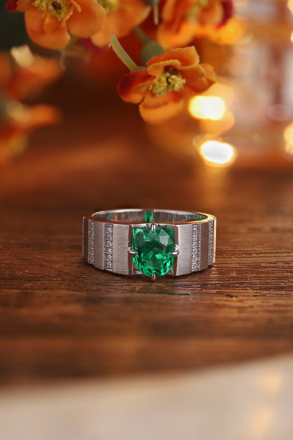 Sterling Silver Lab - Grown Emerald Men's Ring A – JSEGR023Y