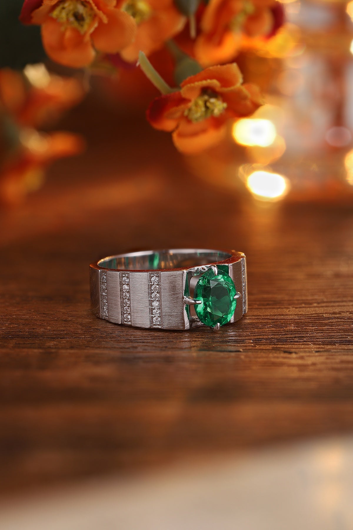 Sterling Silver Lab - Grown Emerald Men's Ring A – JSEGR023Y